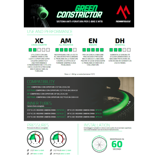 TECHNOMOUSSE MOUSSE GREEN CONSTRICTOR ANTI FORATURA PNEUMATICI 29 / 29 PLUS 